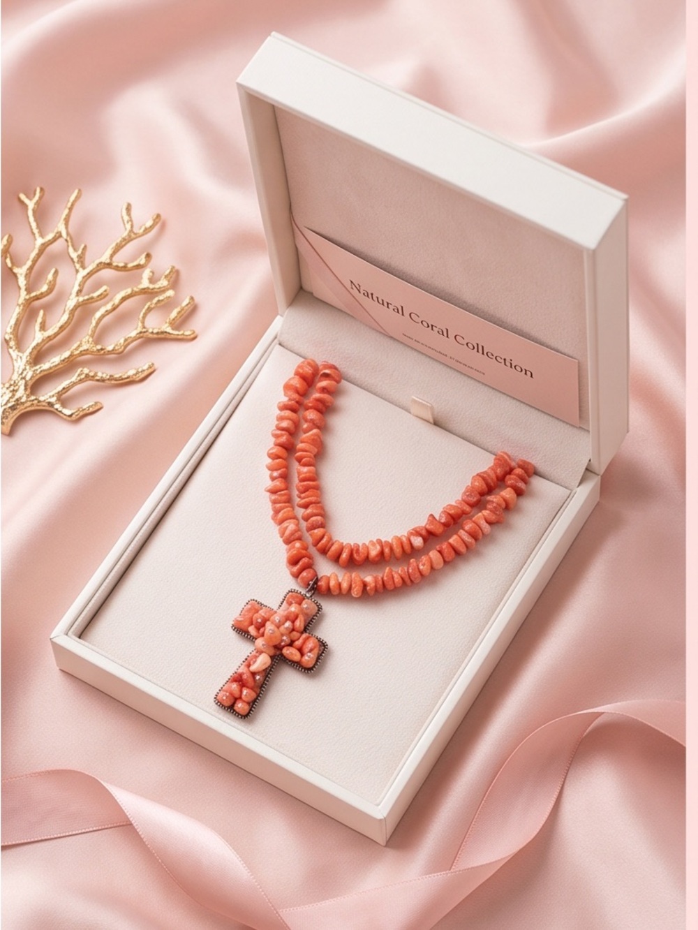 Southwest Boho Beachy double-strand Orange coral chip cross necklace